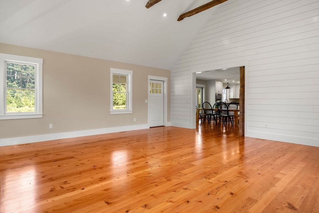 Dining room, Empty room, Interior, Kitchen, Recessed Lighting, Wooden Beams, Wood Texture Flooring