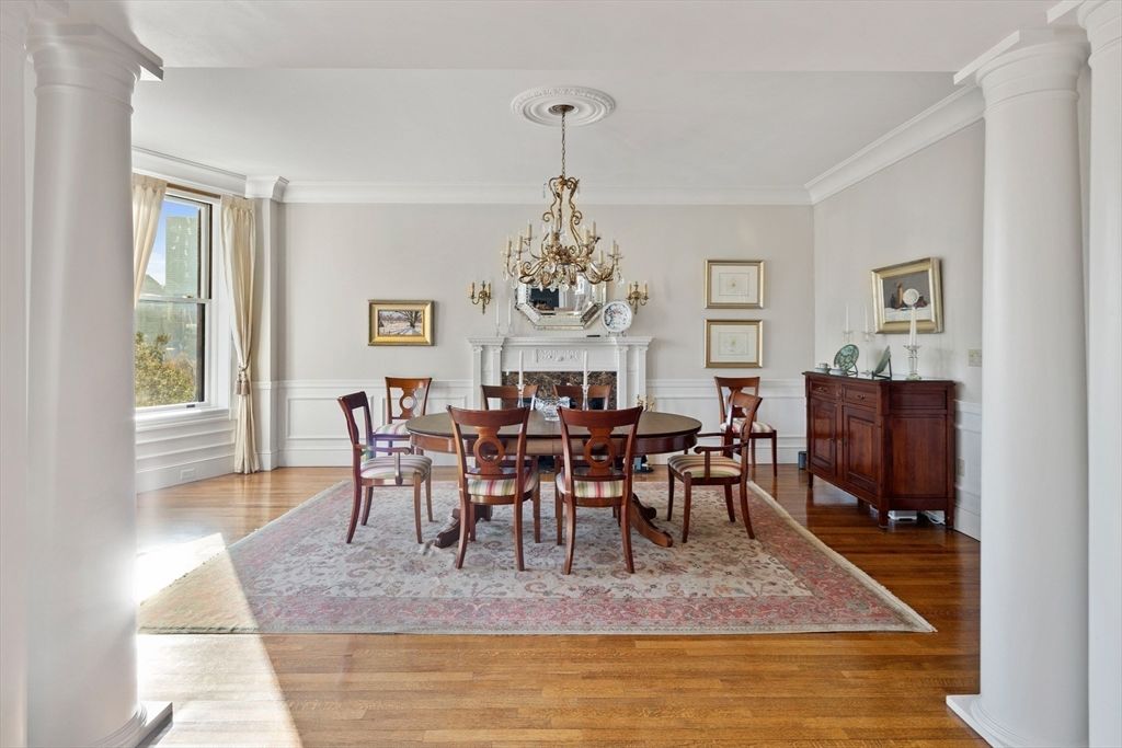 Chandelier, Dining room, Fireplace, Interior, Wood Texture Flooring