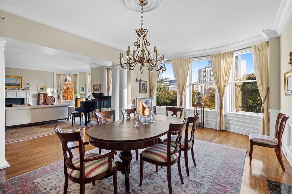 Chandelier, Dining room, Fireplace, Interior, Living room, Piano, Wood Texture Flooring