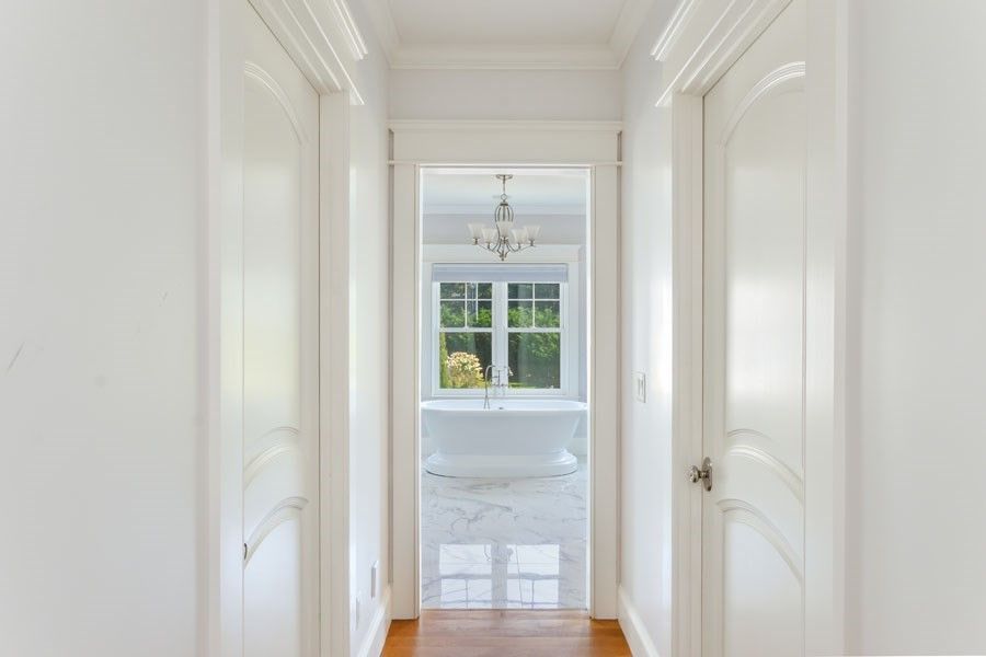 Bathroom, Chandelier, Free Standing Baths, Interior, Marble, Wood Texture Flooring