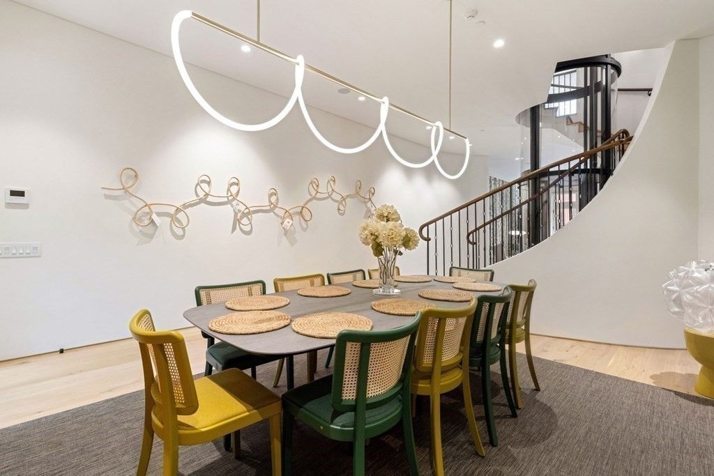 Dining room, Interior, Pendant Lights, Recessed Lighting, Wood Texture Flooring