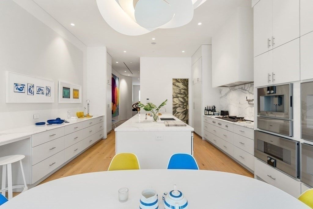 Interior, Kitchen, Marble Walls, Recessed Lighting, Stainless Steel Appliances, Wood Texture Flooring