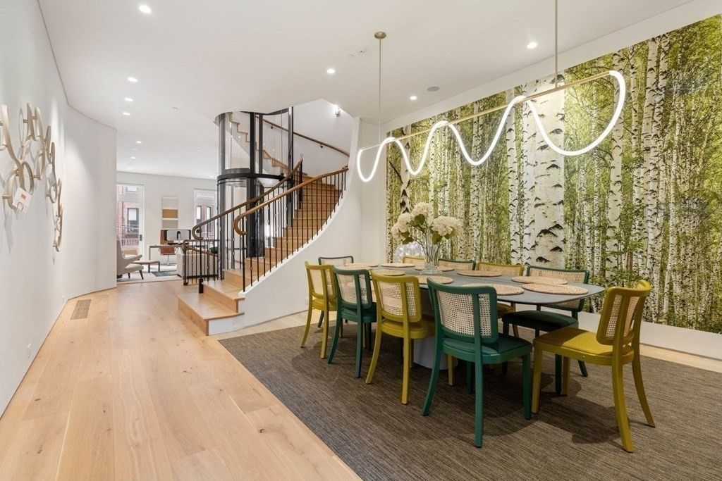 Dining room, Interior, Pendant Lights, Recessed Lighting, Wood Texture Flooring