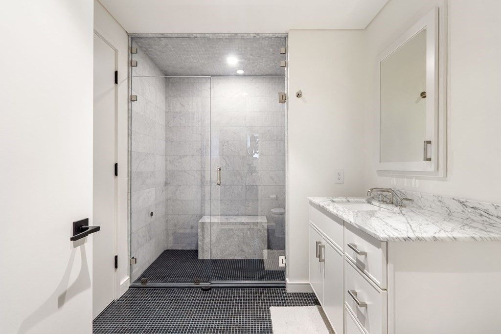 Bathroom, Glass Shower, Interior, Marble Walls, Recessed Lighting