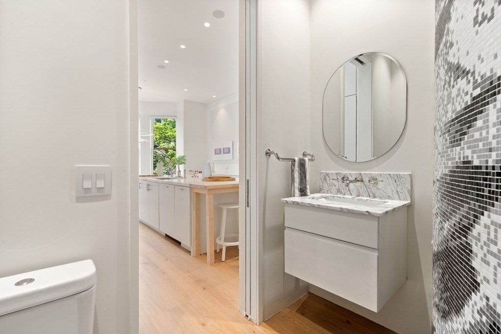 Bathroom, Dual Sink Vanities, Interior, Recessed Lighting, Wood Texture Flooring