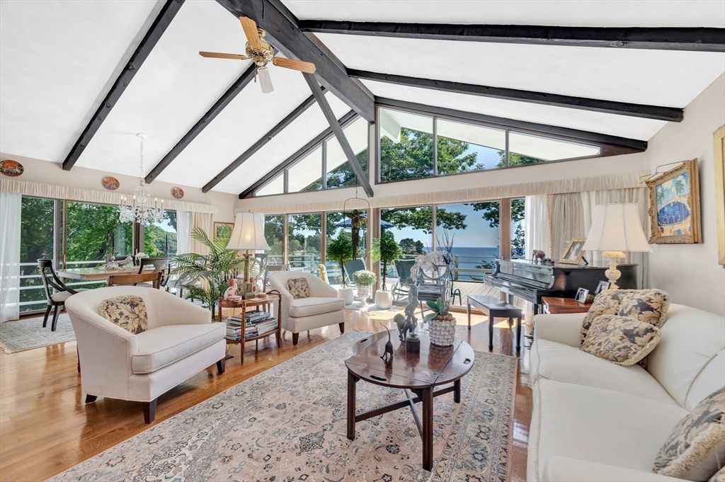 Chandelier, Dining room, Interior, Living room, Piano, Sun Room, Water, Wood Texture Flooring