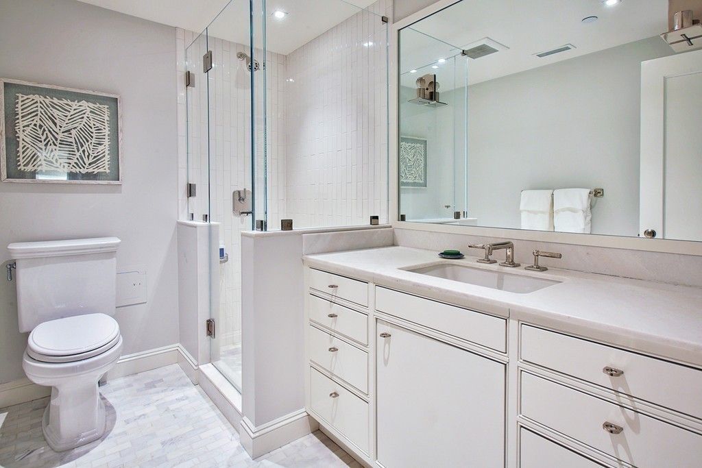 Bathroom, Glass Shower, Interior, Marble, Recessed Lighting