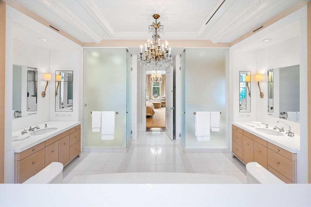 Bathroom, Chandelier, Dual Sink Vanities, Interior, Recessed Lighting