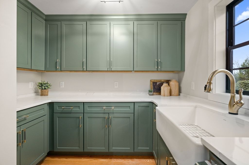 Interior, Kitchen, Tile Countertops, Wood Texture Flooring