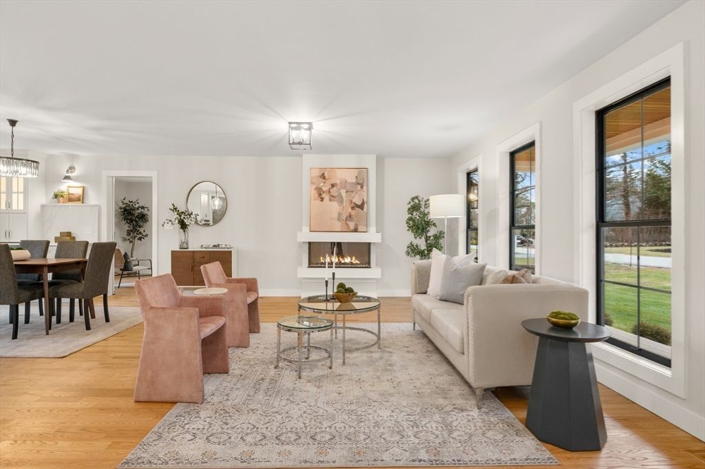 Dining room, Fireplace, Interior, Living room, Pendant Lights, Wood Texture Flooring