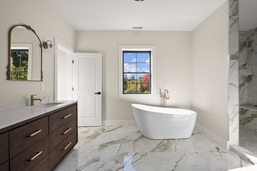 Bathroom, Dual Sink Vanities, Free Standing Baths, Interior, Marble, Marble Walls