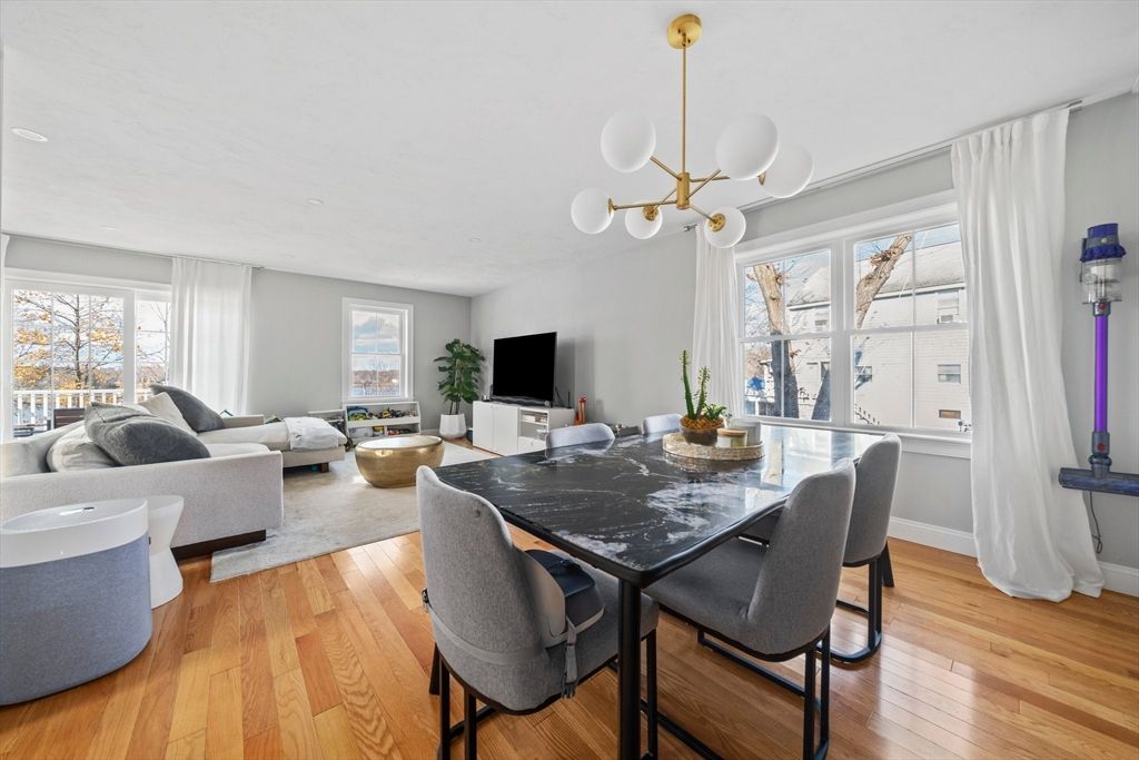 Dining room, Interior, Living room, Pendant Lights, Wood Texture Flooring