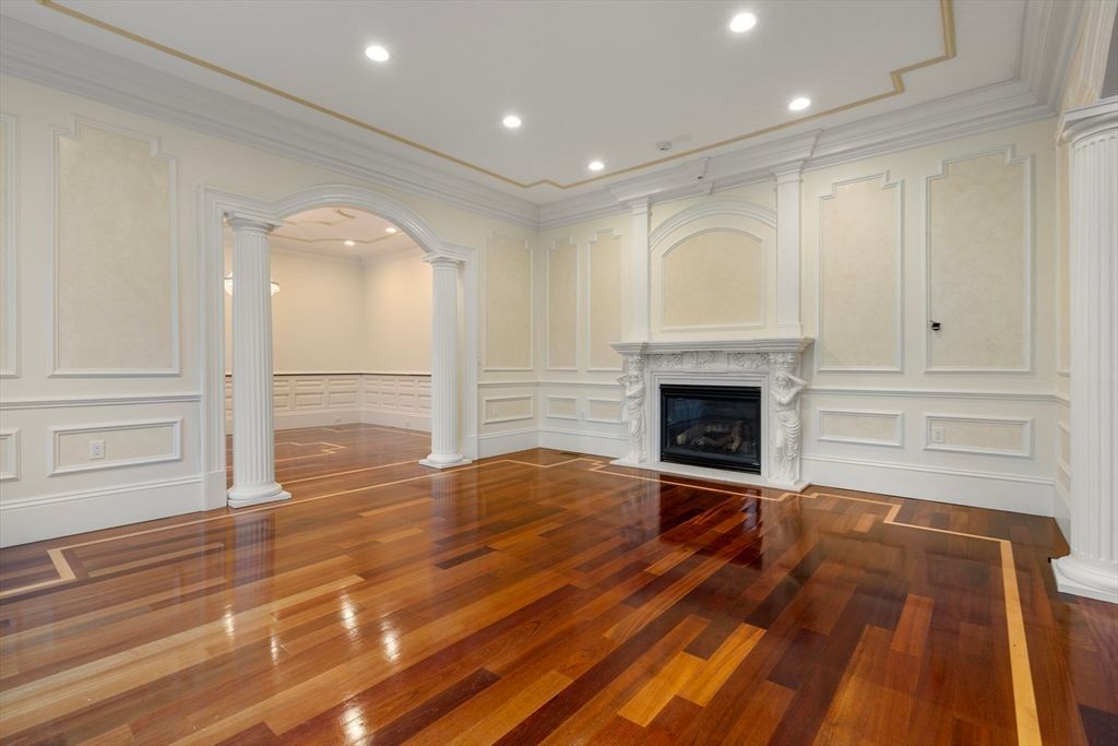 Empty room, Fireplace, Interior, Recessed Lighting, Wood Texture Flooring