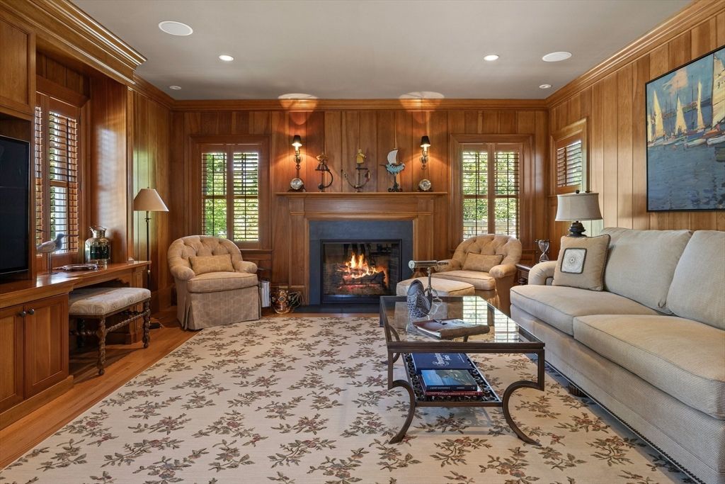 Fireplace, Interior, Living room, Recessed Lighting, Wood Texture Flooring, Wooden Walls