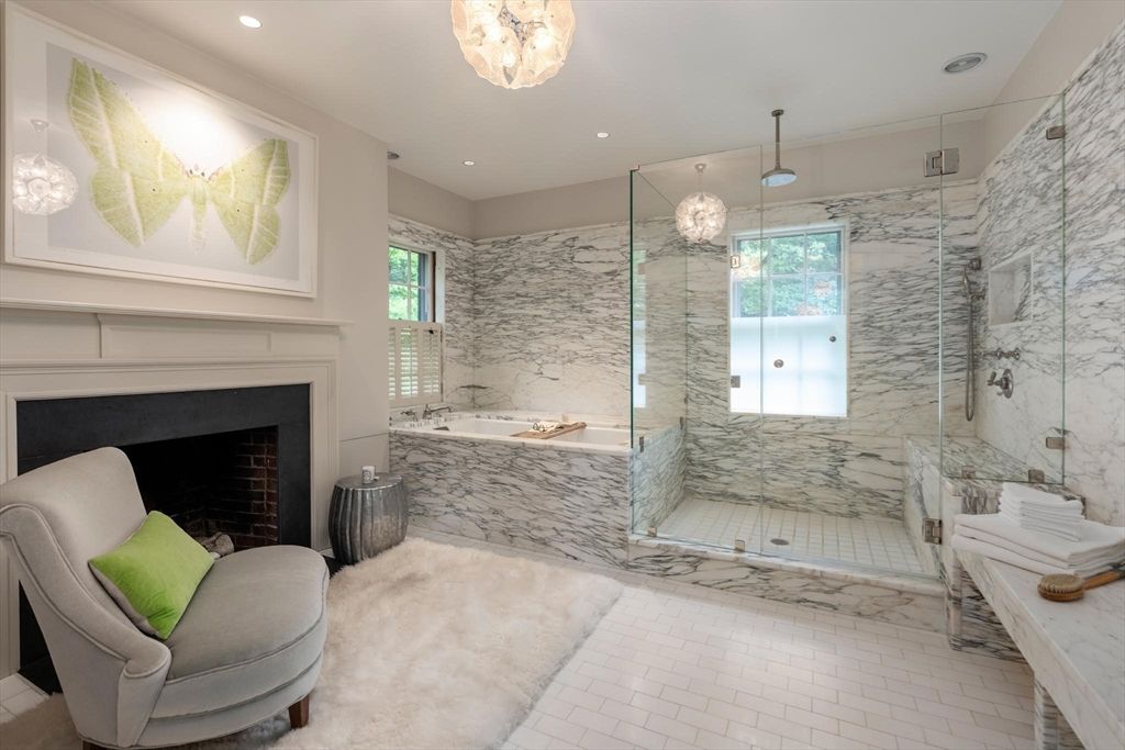 Bathroom, Fireplace, Glass Shower, Interior, Marble, Marble Walls, Pendant Lights, Recessed Lighting