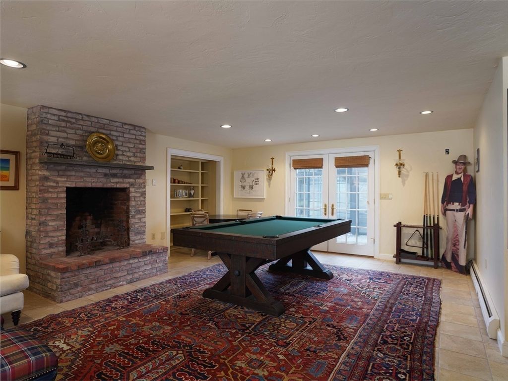 Billiard Table, Fireplace, Game Room, Interior, Recessed Lighting, Stone Walls