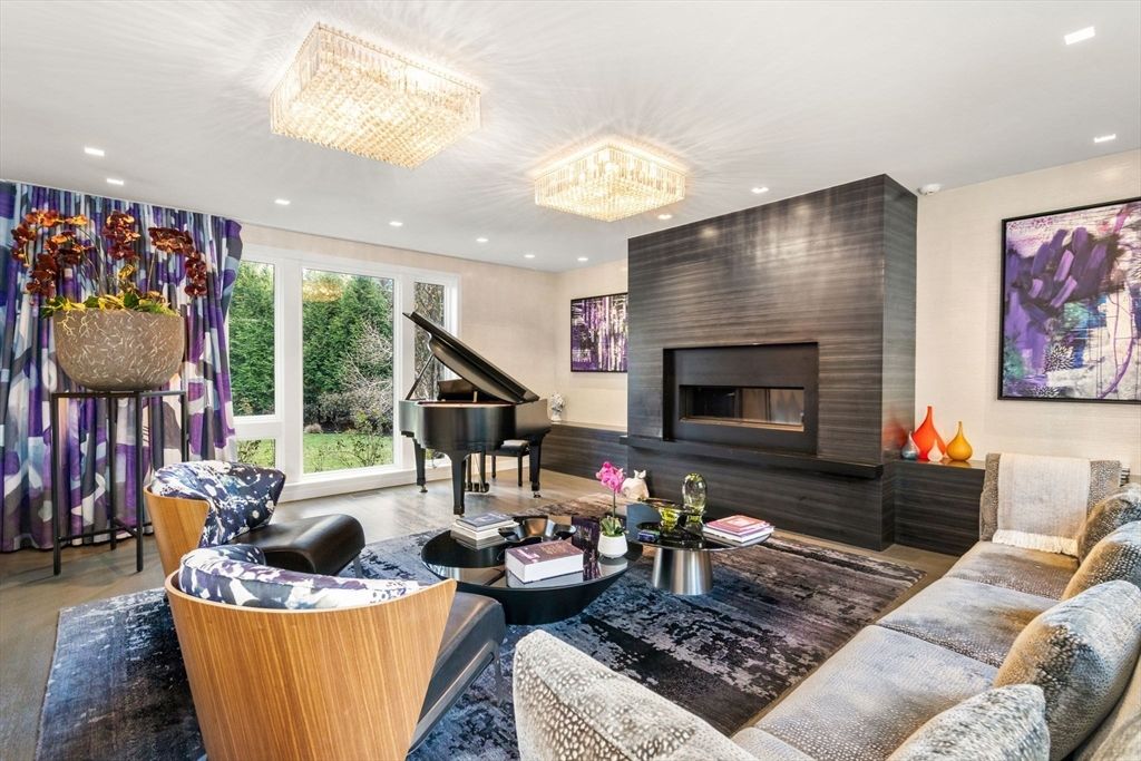 Chandelier, Fireplace, Interior, Living room, Piano, Recessed Lighting, Wood Texture Flooring