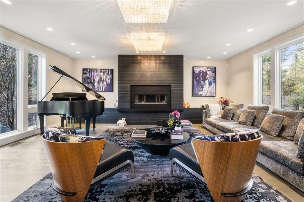 Chandelier, Fireplace, Interior, Living room, Piano, Recessed Lighting, Wood Texture Flooring