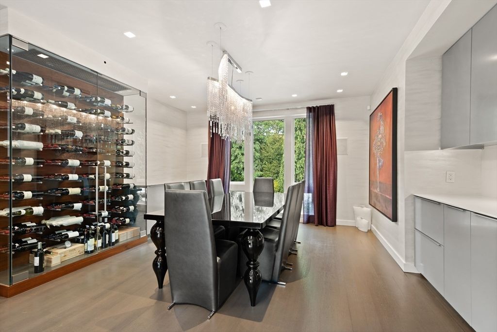 Chandelier, Dining room, Interior, Recessed Lighting, Wine Storage, Wood Texture Flooring