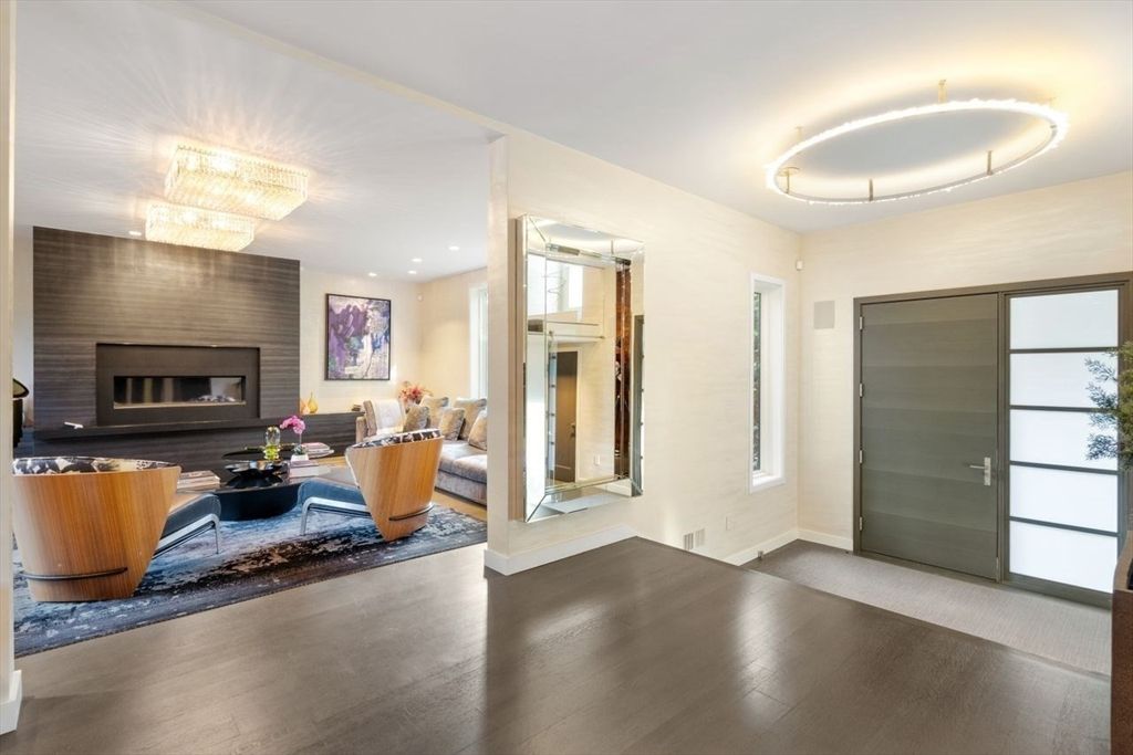 Chandelier, Fireplace, Interior, Living room, Recessed Lighting, Wood Texture Flooring