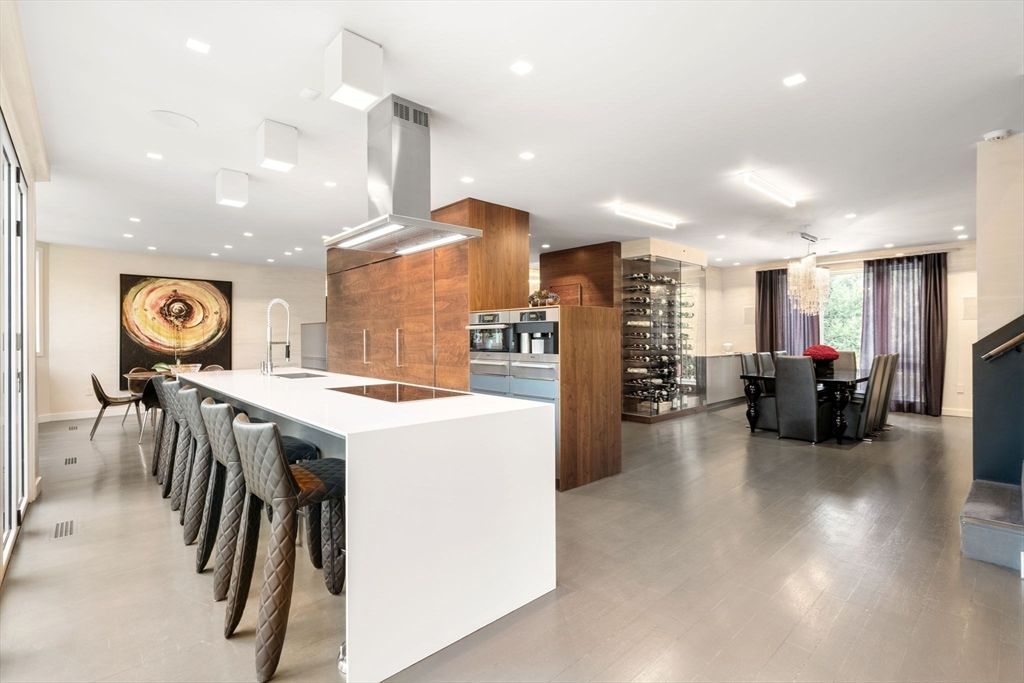 Dining room, Interior, Kitchen, Recessed Lighting, Stainless Steel Appliances, Wine Storage, Wood Texture Flooring