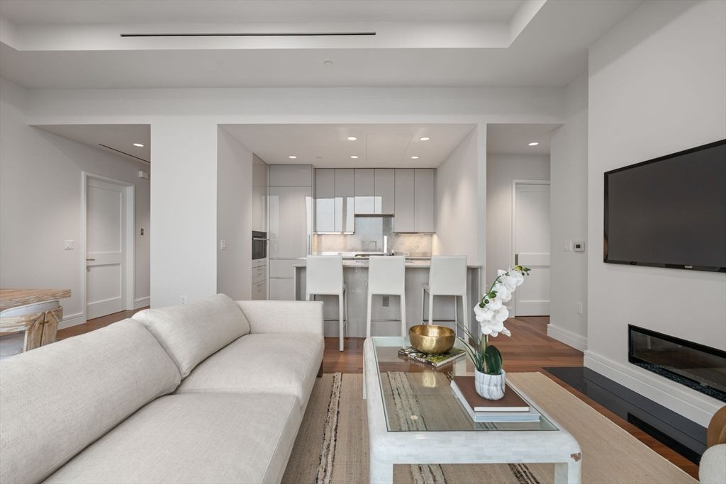 Fireplace, Interior, Kitchen, Living room, Recessed Lighting, Stainless Steel Appliances, Wood Texture Flooring