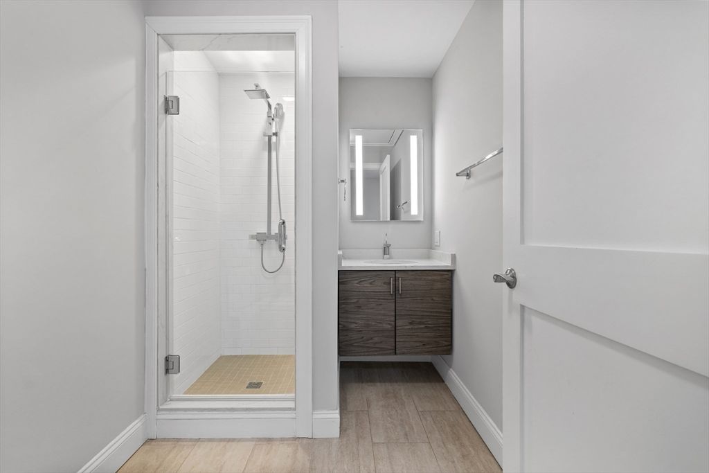Bathroom, Glass Shower, Interior, Wood Texture Flooring