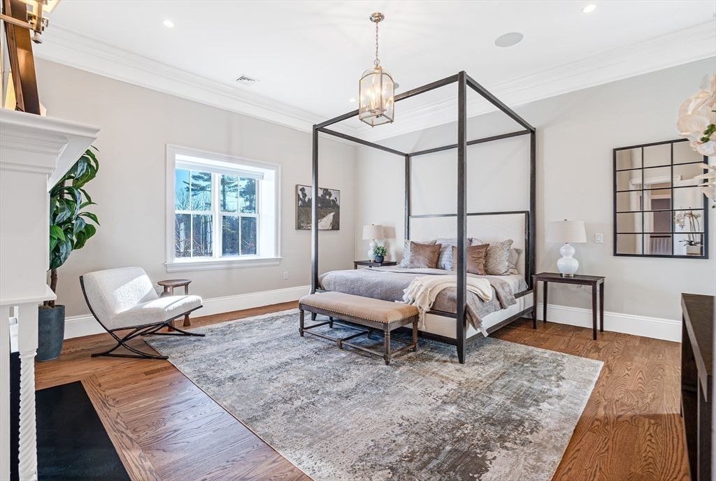 Bedroom, Fireplace, Interior, Pendant Lights, Recessed Lighting, Wood Texture Flooring