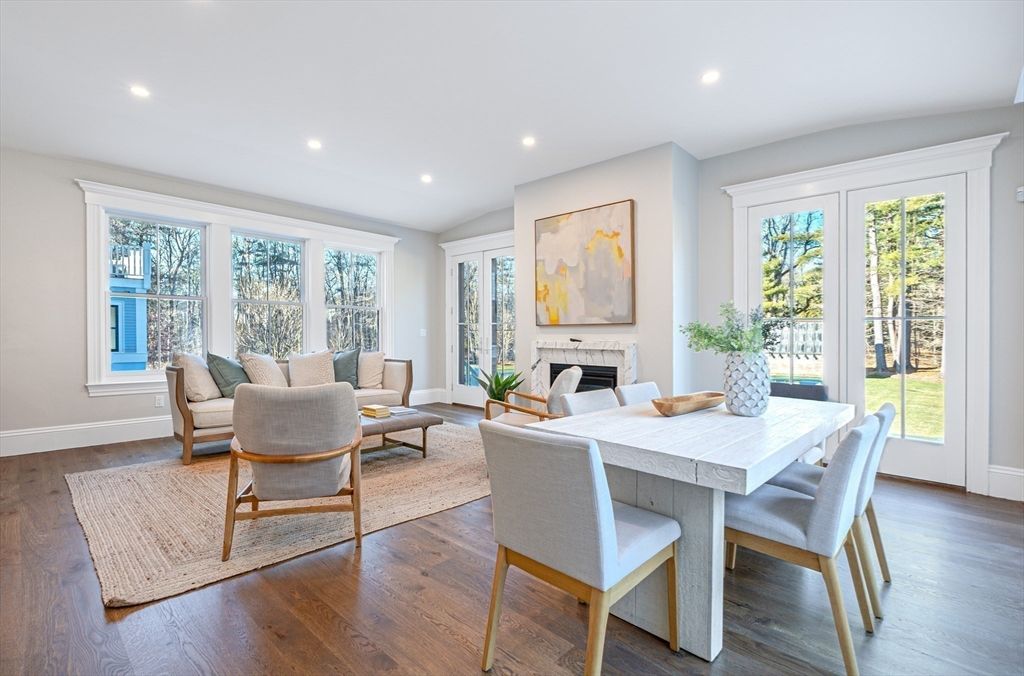 Dining room, Fireplace, Interior, Living room, Recessed Lighting, Wood Texture Flooring