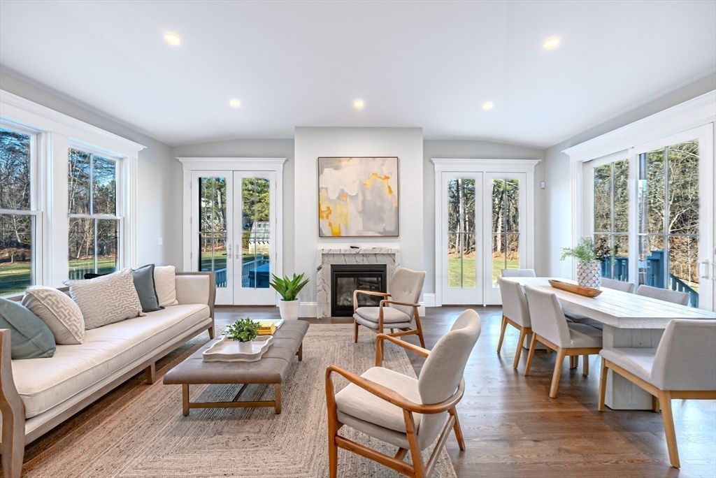 Dining room, Fireplace, Interior, Living room, Recessed Lighting, Wood Texture Flooring
