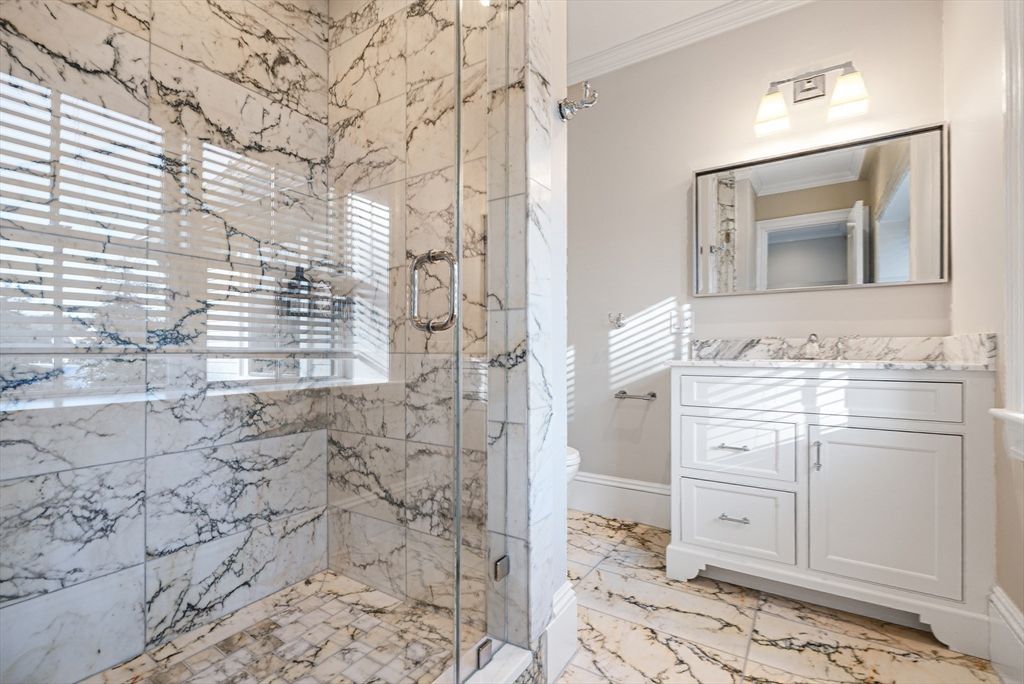 Bathroom, Glass Shower, Interior, Marble, Marble Walls