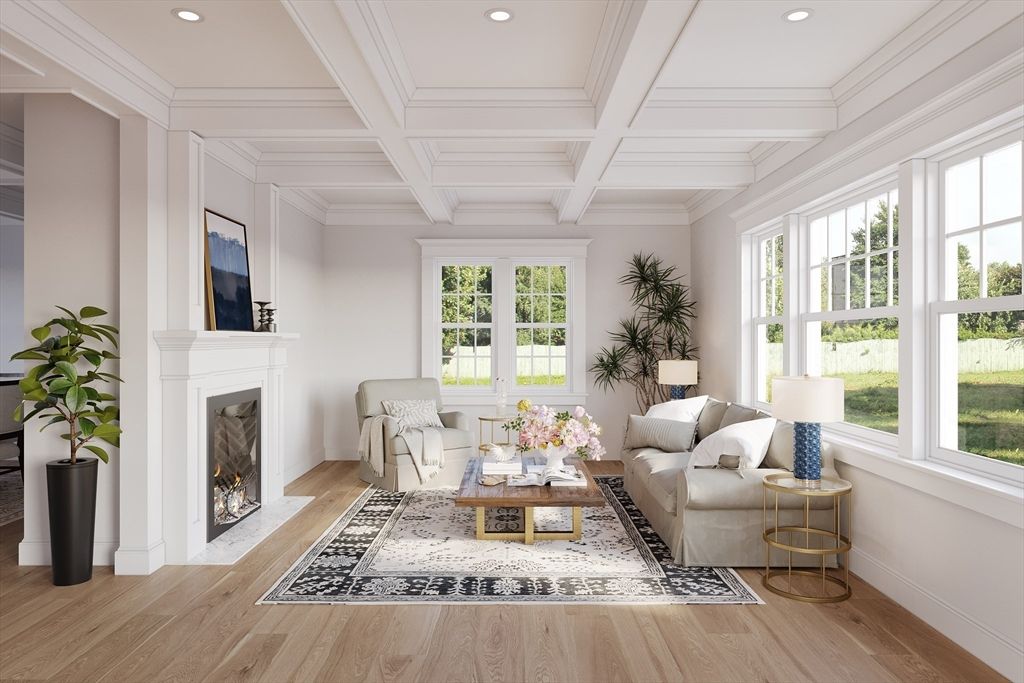 Fireplace, Interior, Living room, Recessed Lighting, Wood Texture Flooring