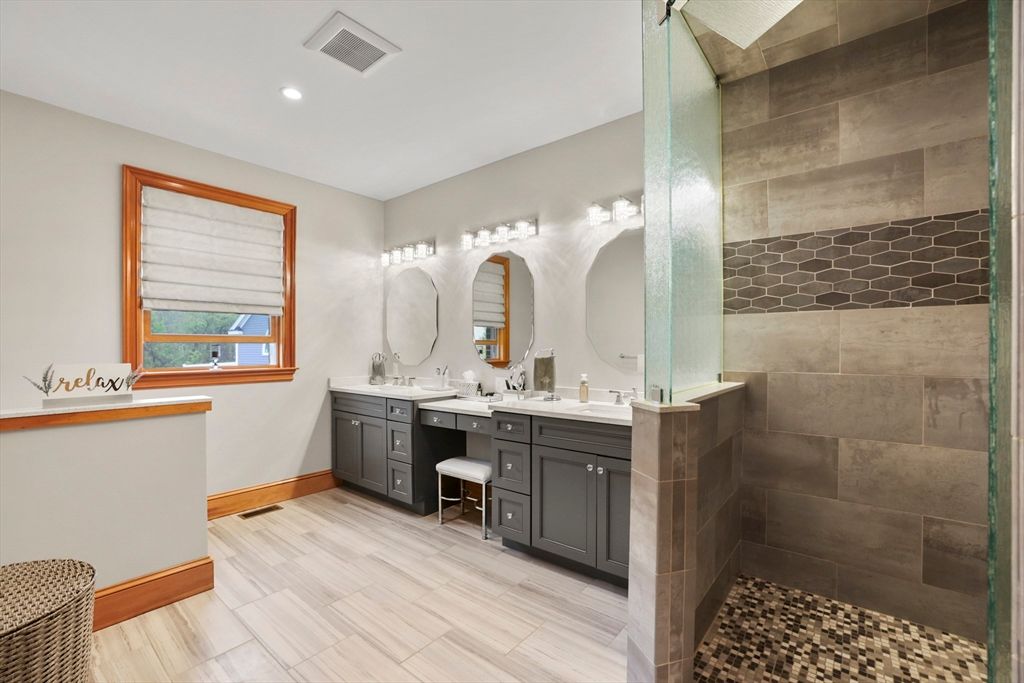 Bathroom, Dual Sink Vanities, Interior, Recessed Lighting, Wood Texture Flooring