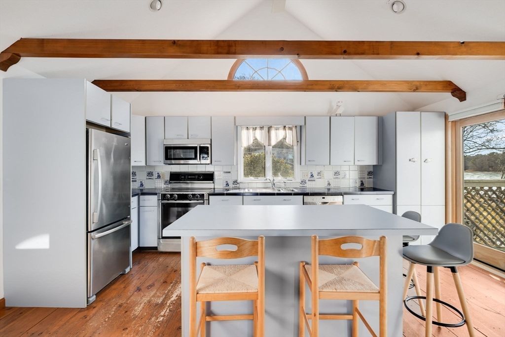 Interior, Kitchen, Recessed Lighting, Stainless Steel Appliances, Wooden Beams, Wood Texture Flooring