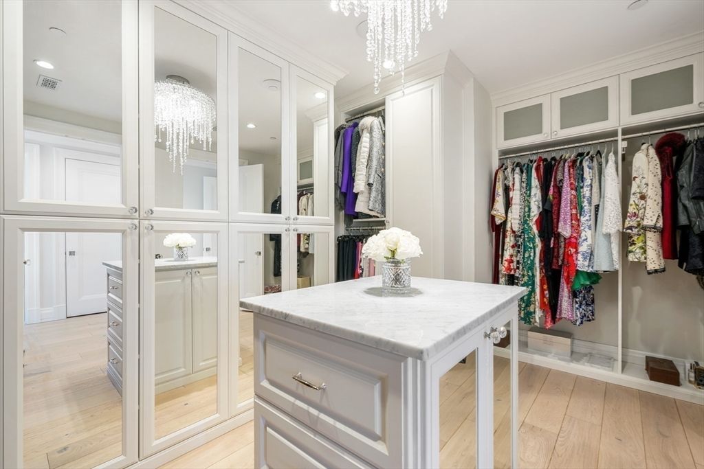 Bathroom, Dual Sink Vanities, Glass Shower, Interior, Marble Walls, Pendant Lights, Recessed Lighting