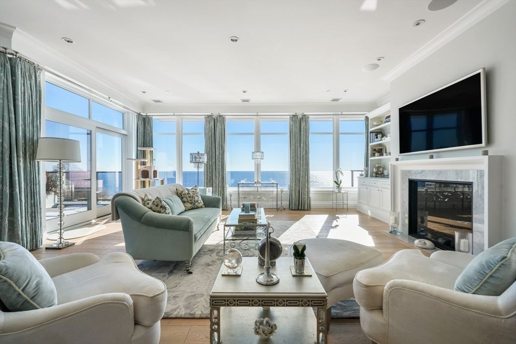 Chandelier, Dining room, Fireplace, Interior, Kitchen, Living room, Pendant Lights, Recessed Lighting, Water, Wood Texture Flooring