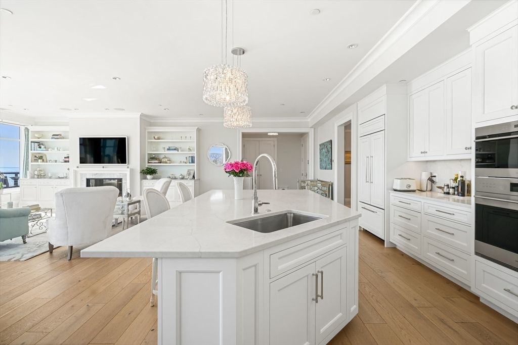 Chandelier, Interior, Kitchen, Pendant Lights, Recessed Lighting, Stainless Steel Appliances, Wood Texture Flooring
