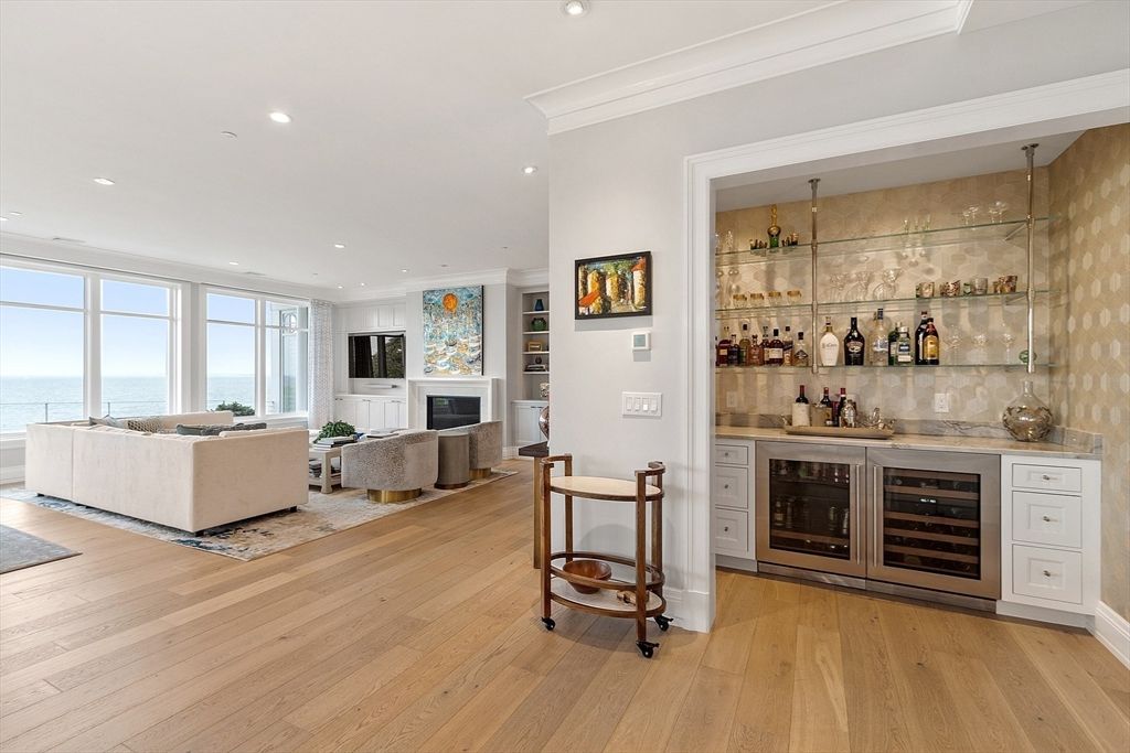 Fireplace, Interior, Living room, Recessed Lighting, Water, Wood Texture Flooring