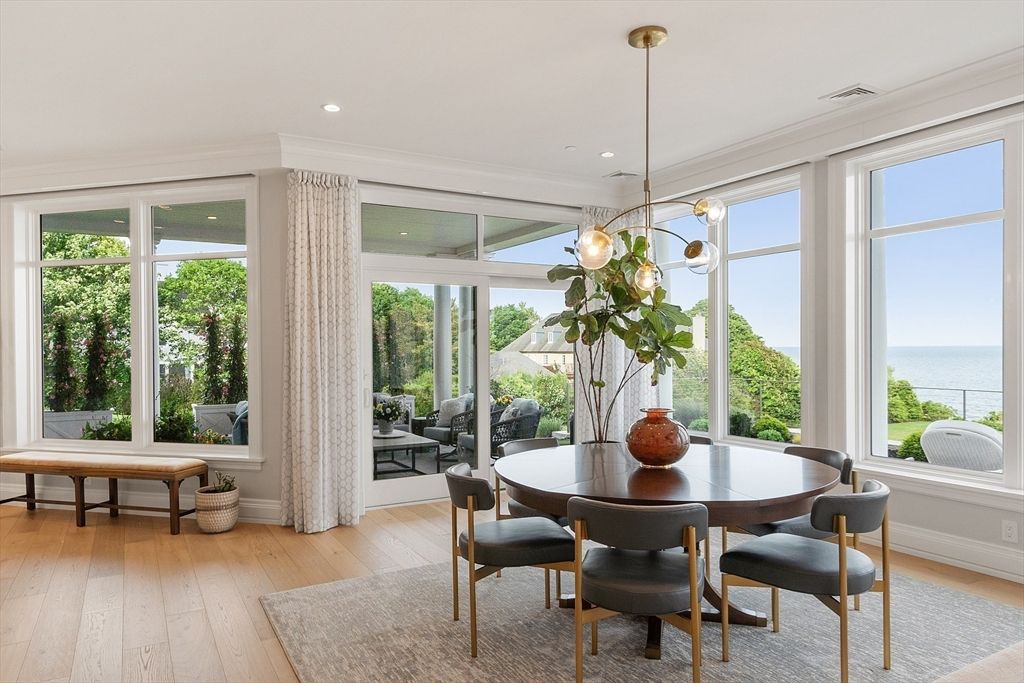 Dining room, Interior, Pendant Lights, Recessed Lighting, Water, Wood Texture Flooring