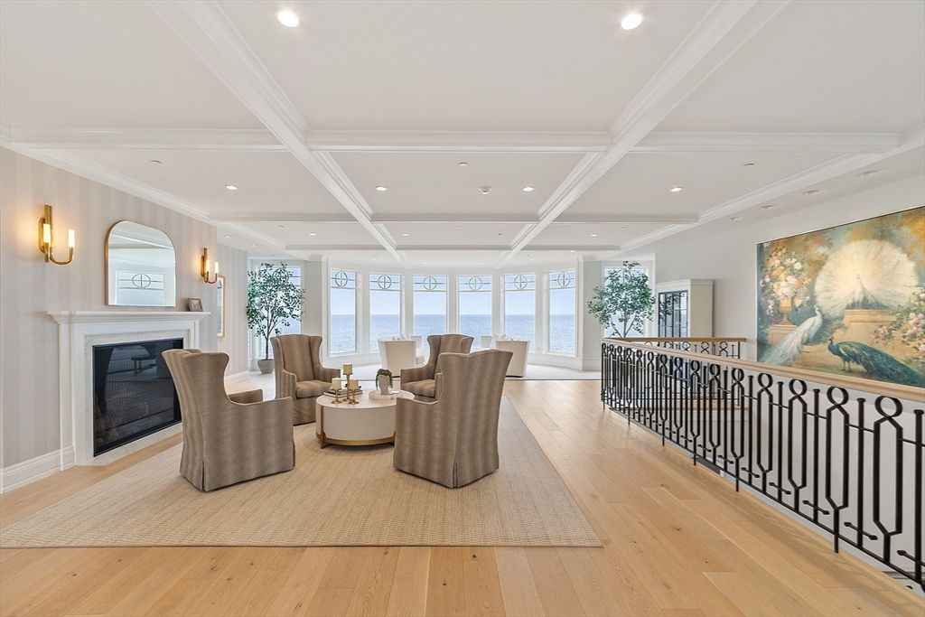 Fireplace, Interior, Living room, Recessed Lighting, Water, Wood Texture Flooring
