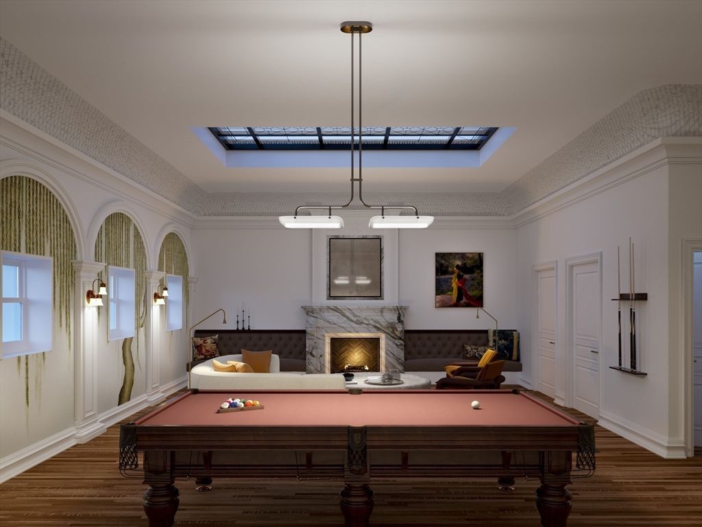 Billiard Table, Fireplace, Game Room, Interior, Pendant Lights, Wood Texture Flooring