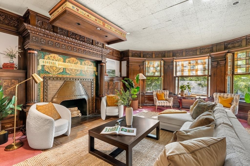 Fireplace, Interior, Living room, Wood Texture Flooring, Wooden Walls