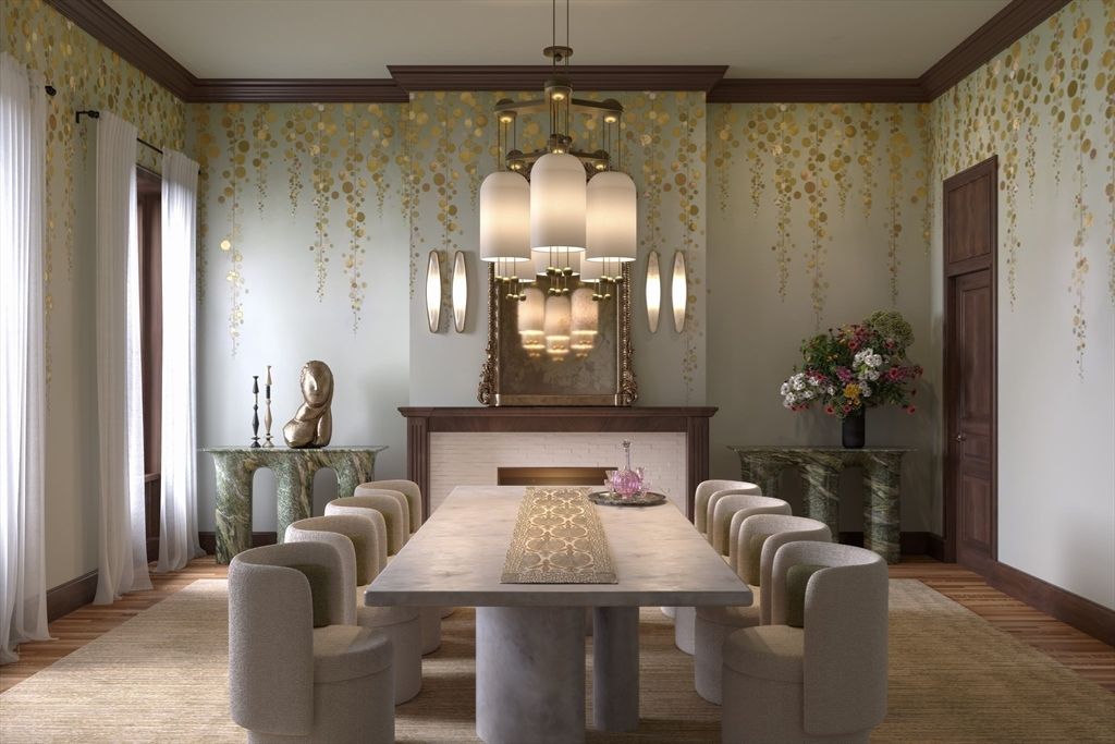 Chandelier, Dining room, Interior, Pendant Lights, Wood Texture Flooring