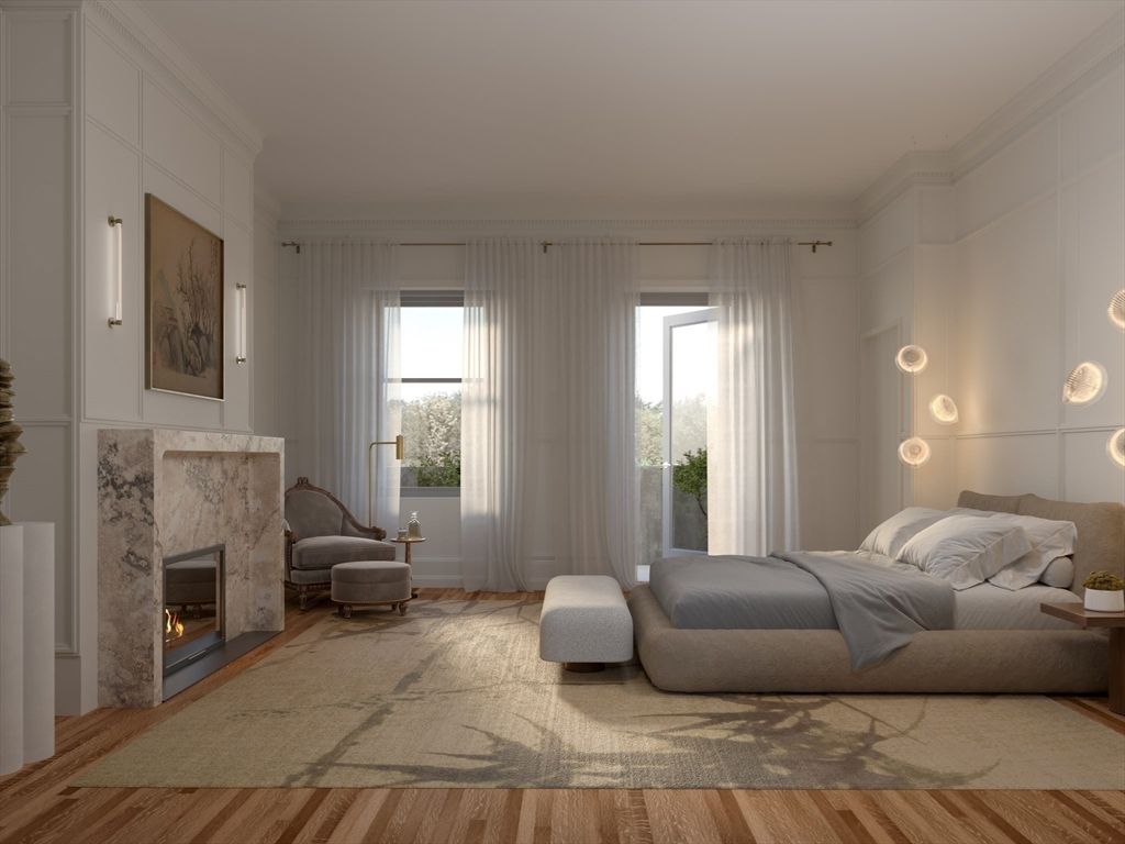 Bedroom, Fireplace, Interior, Wood Texture Flooring