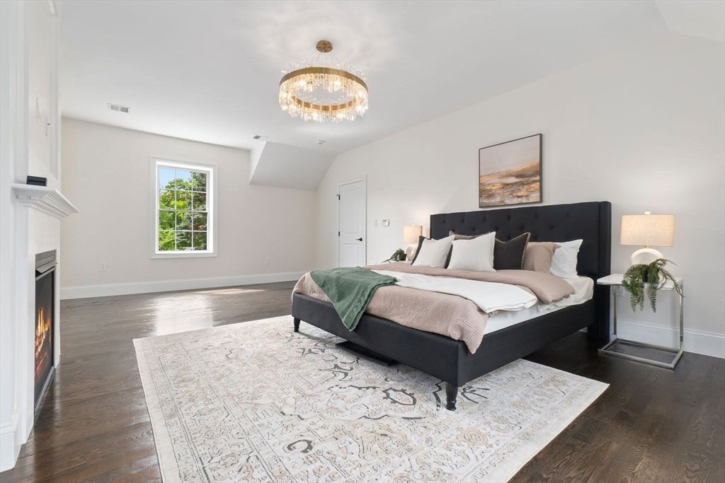 Bedroom, Chandelier, Fireplace, Interior, Wood Texture Flooring