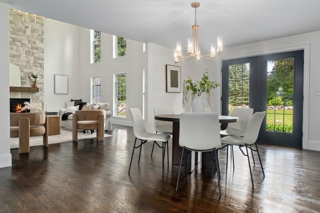 Chandelier, Dining room, Fireplace, Interior, Living room, Wood Texture Flooring
