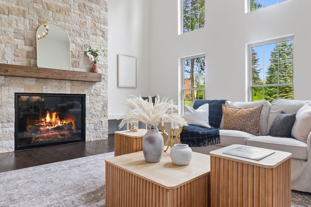 Fireplace, Interior, Living room, Stone Walls, Wood Texture Flooring