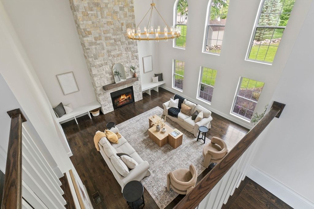 Chandelier, Fireplace, Interior, Living room, Stone Walls, Wood Texture Flooring