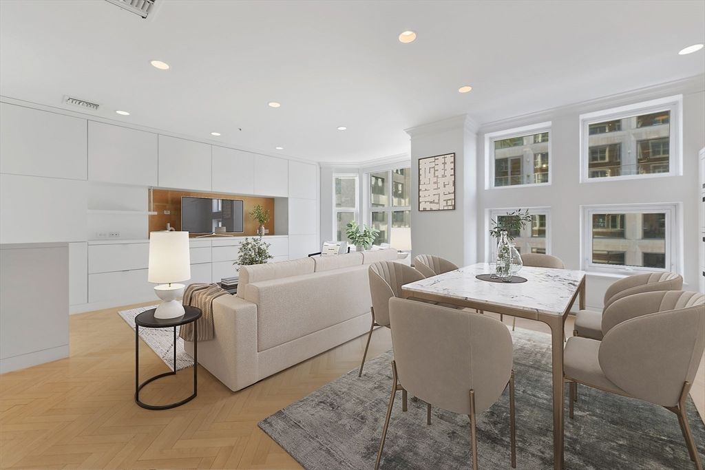 Dining room, Interior, Kitchen, Living room, Recessed Lighting, Wood Texture Flooring