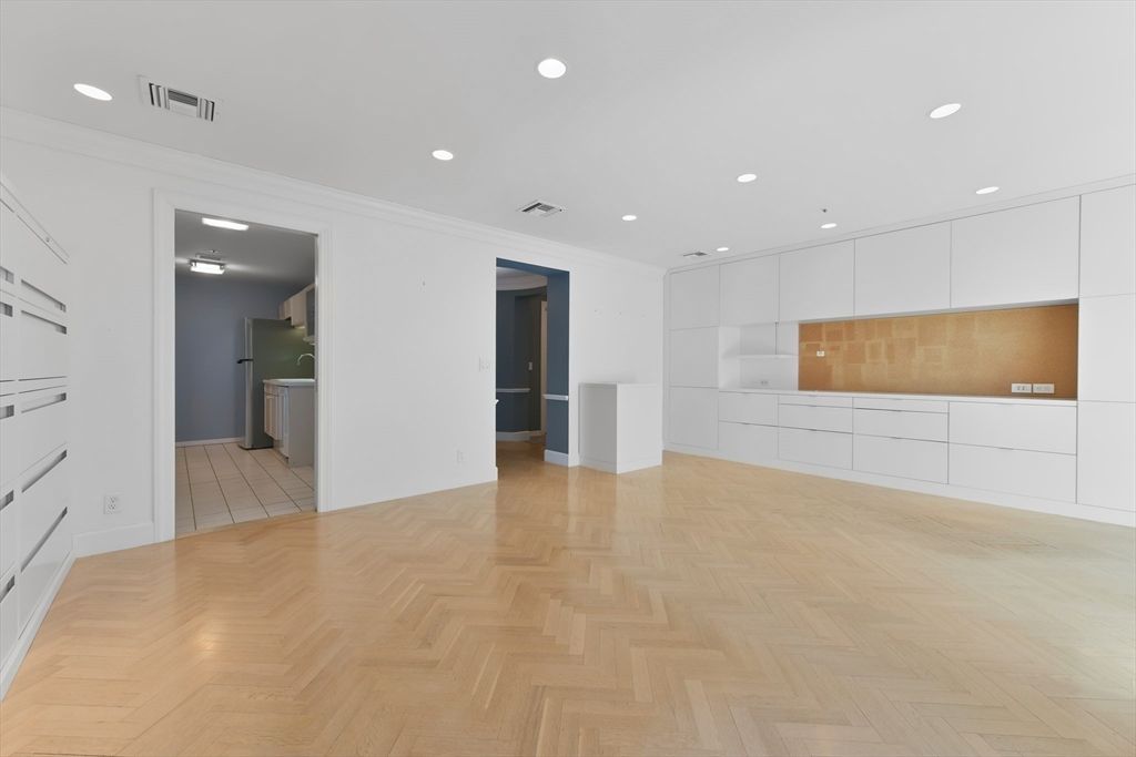 Empty room, Interior, Kitchen, Recessed Lighting, Wood Texture Flooring
